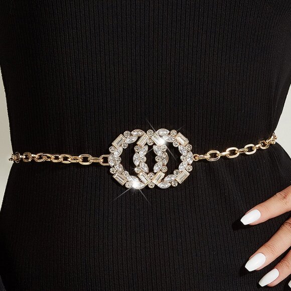 2/$30 Rhinestone Chain Belt Large Double Buckle Gold Metal Adjustable Dress - Picture 7 of 7